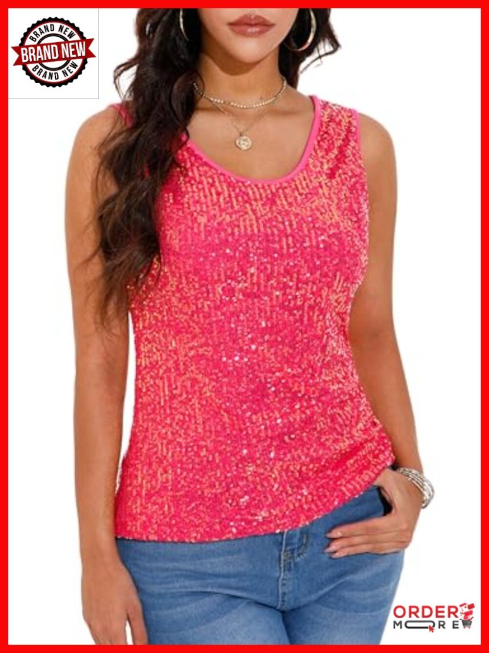 Sequin Tank Top Sleeveless Scoop Neck Sparkle Club Party Top